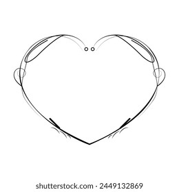 Abstract Hand Drawn Frame Heart With Plants Doodle 14 February Holiday Concept Vector Design Outline Style On White Background Isolated Letter, Message, Mail, Cards, Posters