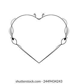 Abstract Hand Drawn Frame Heart With Plants Doodle 14 February Holiday Concept Vector Design Outline Style On White Background Isolated Letter, Message, Mail, Cards, Posters