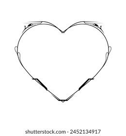 Abstract Hand Drawn Frame Heart With Plants Doodle 14 February Holiday Concept Vector Design Outline Style On White Background Isolated Letter, Message, Mail, Cards, Posters
