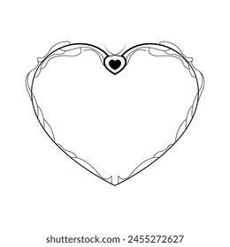 Abstract Hand Drawn Frame Heart With Plants Doodle 14 February Holiday Concept Vector Design Outline Style On White Background Isolated Letter, Message, Mail, Cards, Posters