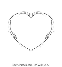 Abstract Hand Drawn Frame Heart With Plants Doodle 14 February Holiday Concept Vector Design Outline Style On White Background Isolated Letter, Message, Mail, Cards, Posters