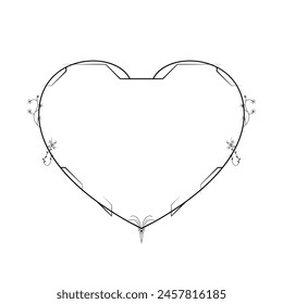 Abstract Hand Drawn Frame Heart With Plants Doodle 14 February Holiday Concept Vector Design Outline Style On White Background Isolated Letter, Message, Mail, Cards, Posters