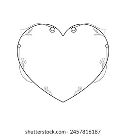 Abstract Hand Drawn Frame Heart With Plants Doodle 14 February Holiday Concept Vector Design Outline Style On White Background Isolated Letter, Message, Mail, Cards, Posters