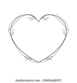 Abstract Hand Drawn Frame Heart With Plants Doodle 14 February Holiday Concept Vector Design Outline Style On White Background Isolated Letter, Message, Mail, Cards, Posters