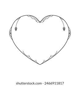 Abstract Hand Drawn Frame Heart With Plants Doodle 14 February Holiday Concept Vector Design Outline Style On White Background Isolated Letter, Message, Mail, Cards, Posters