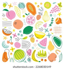 Abstract hand drawn fruit with spots flat icons set. Drawing food design ornaments. Creative paintings of melon, cherry, banana, strawberry. Decorative elements. Color isolated illustrations