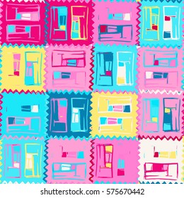 Abstract hand drawn geometric background with structure of colorful rectangles and hand drawn elements in trendy colors. Repeating texture perfect for decoration and fabrics. Vector seamless pattern.