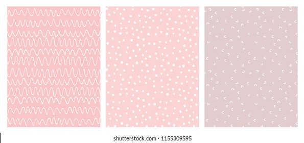 Abstract Hand Drawn Geometric Childish Style Vector Pattern Set. White Waves, Arches and Dots on a Various Pink Backgrounds. Cute Irregular Geometric Seamless Vector Pattern. 