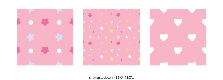 Abstract Hand Drawn Geometric Childish Style Vector ser Patterns with Dots hearts stars on a Pink Background. Cute Irregular Geometric Seamless cozy confetti pastel repeat pattern love valentine