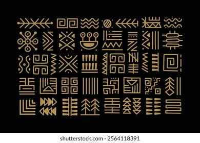 abstract hand drawn geometric ethnic tribal golden color on black background, african style - great for textiles, banners, wallpapers, wrapping