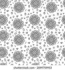 Abstract hand drawn geometric flowers pattern, black and white seamless texture. Doodle style vector.