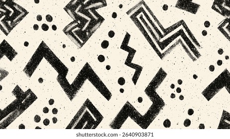 Abstract hand drawn geometric pattern with textured details in black and cream color palette featuring zigzag and dotted elements for seamless background design.