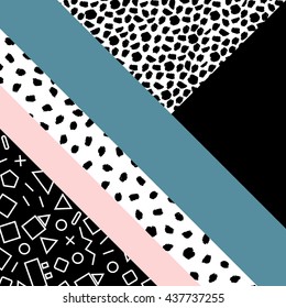Abstract hand drawn geometric pattern, or background, brush painted elements. Poster, card, textile, Wallpaper ornament. Vertical lines. Pink, blue, black.