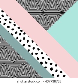 Abstract hand drawn geometric pattern, or background, brush painted elements. Poster, card, textile, Wallpaper ornament. Pink, mint green color. Dots, triangles.