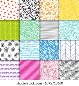 Diseño abstracto de arcoiris geométrico simple minimalista sin fisuras. Punto Polka, rayas, ondas, símbolos aleatorios texturas. Ilustración vectorial de color brillante. Plantilla para su diseño