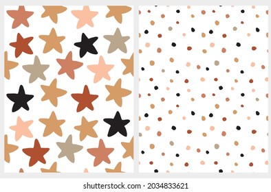 Abstract Hand Drawn Geometric Seamless Vector Patterns. Beige, Black and Pink Dots and Stars Isolated on a White Background. Starry Repeatable Vector Design. Irregular Dotted Print.