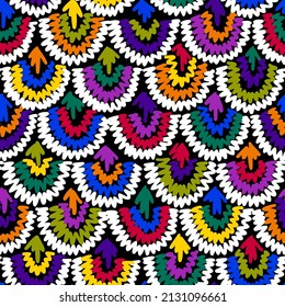 Abstract hand drawn geometric seamless pattern. Colorful semicircles. Ethnic ornament with decorative crochet texture. Lacy modern background made of knitted lines.