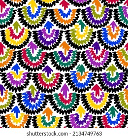 Abstract hand drawn geometric seamless pattern. Colorful semicircles. Ethnic ornament with decorative crochet texture. Lacy modern background made of knitted lines.