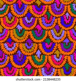 Abstract hand drawn geometric seamless pattern. Colorful semicircles. Ethnic ornament with decorative crochet texture. Lacy modern background made of knitted lines.