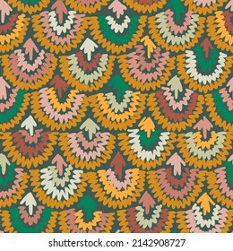 Abstract hand drawn geometric seamless pattern. Colorful semicircles. Ethnic ornament with decorative crochet texture. Lacy modern background made of knitted lines.