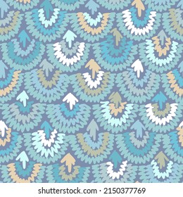 Abstract hand drawn geometric seamless pattern. Colorful semicircles. Ethnic ornament with decorative crochet texture. Lacy modern background made of knitted lines.