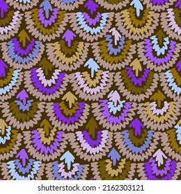 Abstraktes, handgezeichnetes, nahtloses geometrisches Muster. Farbige Halskreise. Ethnische Ornamente mit dekorativer Häkelstruktur. Moderner, heller Hintergrund aus gestrickten Linien.