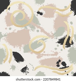 Abstract hand drawn geometric seamless pattern or background with brush painted textures, elements. Fashion grunge collage Poster, postcard, textile, wallpaper template. Gold, pink, beige and green