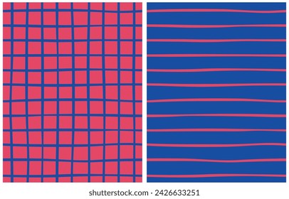 Abstract Hand Drawn Geometric Seamless Vector Patterns. Irregular Freehand Lines and Grid Isolated on a Red and Dark Blue Background. Modern Geometric Patterns  Perfect for Fabric, Textile. RGB.