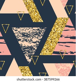 Abstract hand drawn geometric seamless repeat pattern with glitter texture.