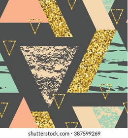 Abstract hand drawn geometric seamless repeat pattern with glitter texture.