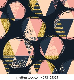Abstract hand drawn geometric seamless repeat pattern with glitter texture.