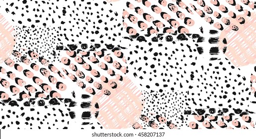 Abstract hand drawn geometric seamless pattern or background with glitter, sharpen textures, brush painted elements. Poster, card, textile, wallpaper template.Pink, black and white colors