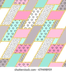 Abstract hand drawn geometric seamless pattern or background with glitter, hand drawing details, brush painted elements. Poster, card, textile, wallpaper template. Gold, pink, black and white colors.