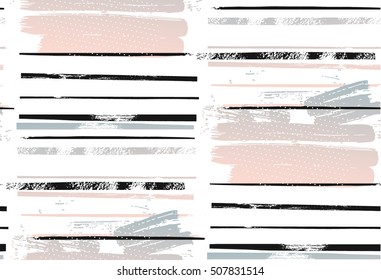 Abstract hand drawn geometric seamless pattern or background with brush painted stroke elements.Poster, card, textile, wallpaper template.Pink,black,white and pastel colors.Rough stripe pattern .