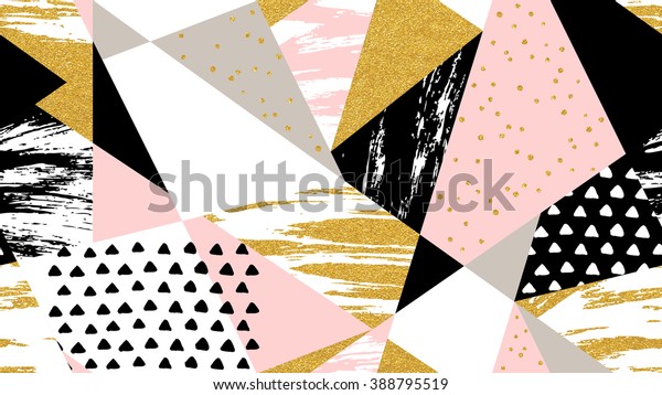 Abstract hand drawn geometric seamless pattern or background with glitter, sharpen textures, brush painted elements. Poster, card, textile, wallpaper template. Gold, pink, black and white colors. 