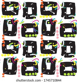 Resumen de formas geométricas dibujadas a mano patrón sin fisuras, textura. El retro pop brillante y colorido imita su estilo. Diseño vectorial para papel pintado, impresión textil de arte, tarjetas, fondos, carteles, afiches.