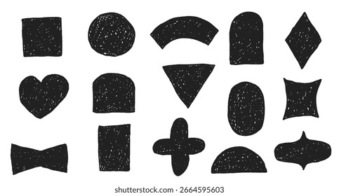 Abstract hand drawn geometric shapes with pencil and chalk or crayon in scribble sketch style. Set of funky childish elements for background banner, sticker, badge. Monochrome vector art.