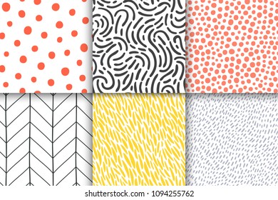 Abstract hand drawn geometric simple minimalistic seamless patterns set. Polka dot, stripes, waves, random symbols textures. Bright colorful vector illustration. Template for your design