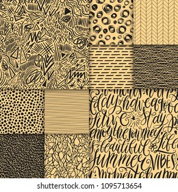 Abstract hand drawn geometric simple minimalistic seamless patterns set. Hand lettering, polka dot, stripes, waves, random symbols textures. Bright colorful vector illustration