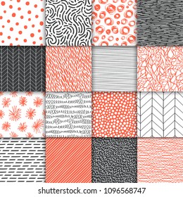 Abstract hand drawn geometric simple minimalistic seamless patterns set. Polka dot, stripes, waves, random symbols textures. Bright colorful vector illustration. Template for your design