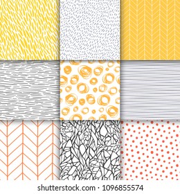 Abstract hand drawn geometric simple minimalistic seamless patterns set. Polka dot, stripes, waves, random symbols textures. Bright colorful vector illustration. Template for your design