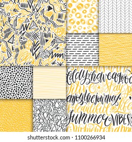 Abstract hand drawn geometric simple minimalistic seamless patterns set. Hand lettering, polka dot, stripes, waves, random symbols textures. Bright colorful vector illustration