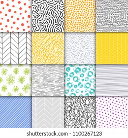 Abstract hand drawn geometric simple minimalistic seamless patterns set. Polka dot, stripes, waves, random symbols textures. Bright colorful vector illustration. Template for your design