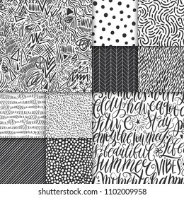 Abstract hand drawn geometric simple minimalistic seamless patterns set. Hand lettering, polka dot, stripes, waves, random symbols textures. Bright colorful vector illustration
