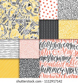 Abstract hand drawn geometric simple minimalistic seamless patterns set. Hand lettering, polka dot, stripes, waves, random symbols textures. Vector illustration. Template for your design