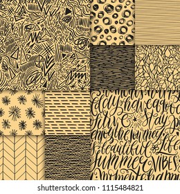 Abstract hand drawn geometric simple minimalistic seamless patterns set. Hand lettering, polka dot, stripes, waves, random symbols textures. Vector illustration. Template for your design