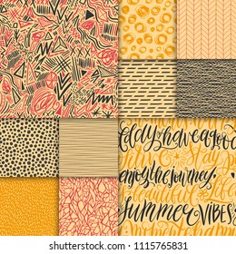 Abstract hand drawn geometric simple minimalistic seamless patterns set. Hand lettering, polka dot, stripes, waves, random symbols textures. Vector illustration. Template for your design