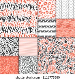 Abstract hand drawn geometric simple minimalistic seamless patterns set. Hand lettering, polka dot, stripes, waves, random symbols textures. Vector illustration. Template for your design