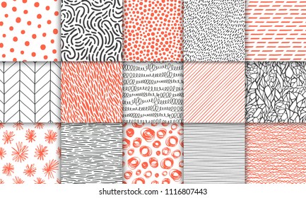 Abstract hand drawn geometric simple minimalistic seamless patterns set. Polka dot, stripes, waves, random symbols textures. Bright colorful vector illustration. Template for your design