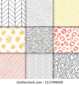 Abstract hand drawn geometric simple minimalistic seamless patterns set. Polka dot, stripes, waves, random symbols textures. Bright colorful vector illustration. Template for your design